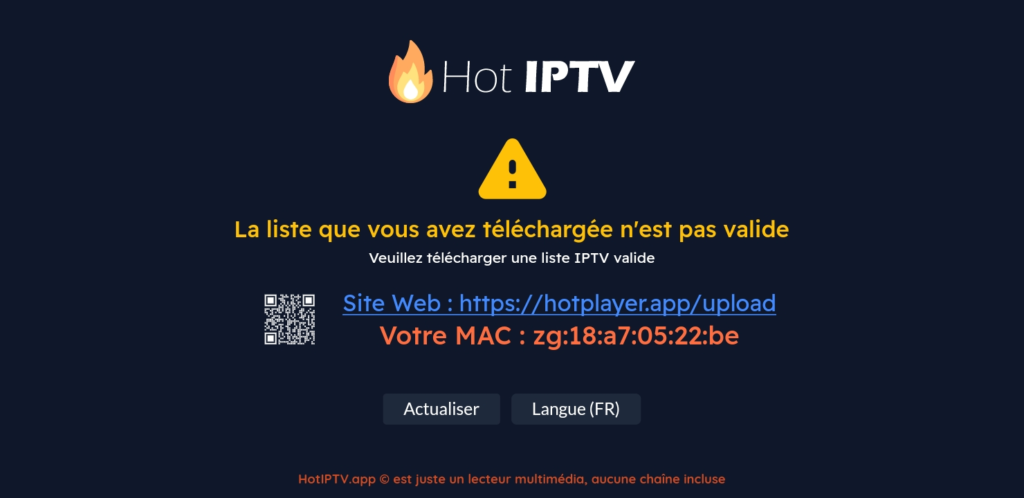Écran Hot Player affichant l'adresse MAC nécessaire à l'activation du service IPTV.