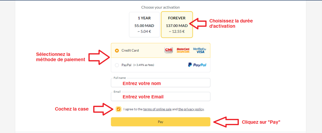 Interface d'activation Hot IPTV permettant de saisir l'adresse MAC et d'acheter une licence.