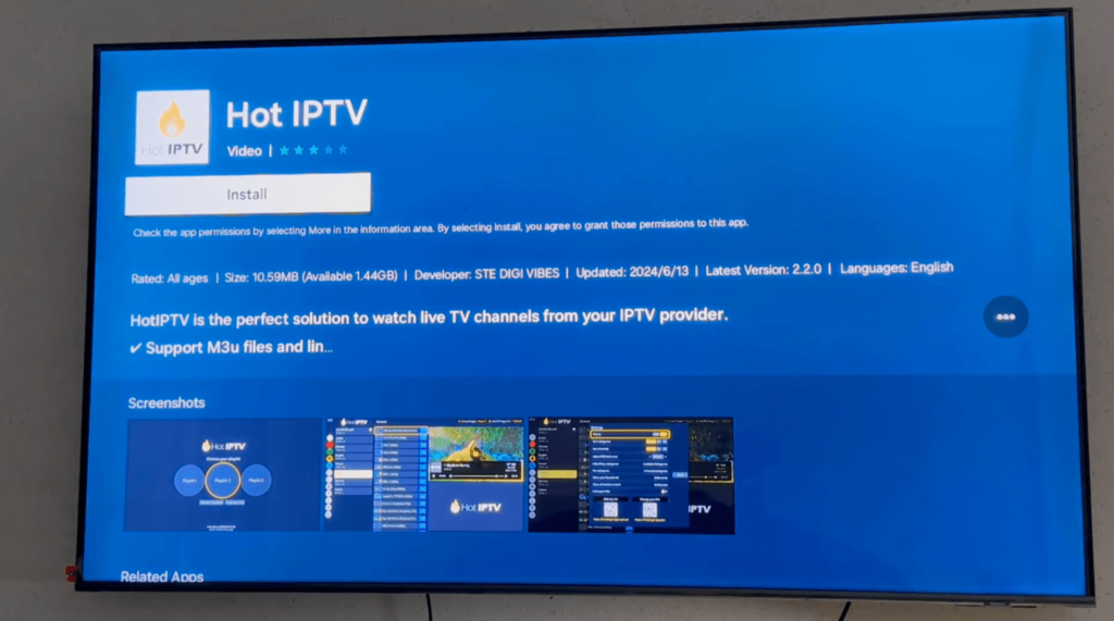 Application Hot Player affichée dans le Samsung App Store sur une Smart TV Samsung sous Tizen.