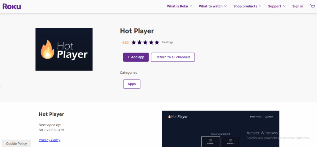 Recherche de l'application Hot Player dans le Roku Channel Store.