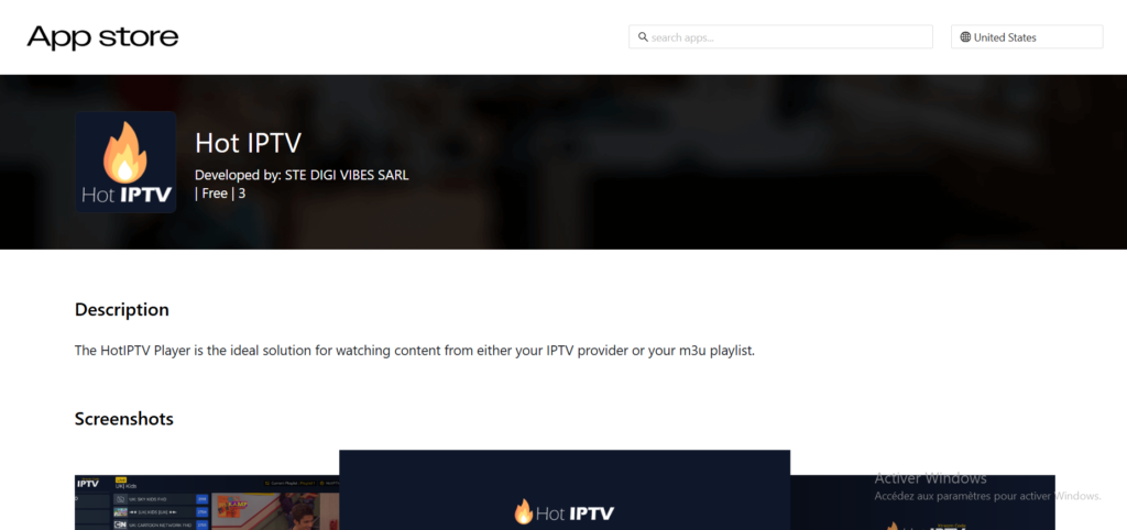 Recherche de l'application Hot Player dans le VIDAA App Store sur une télévision Hisense.