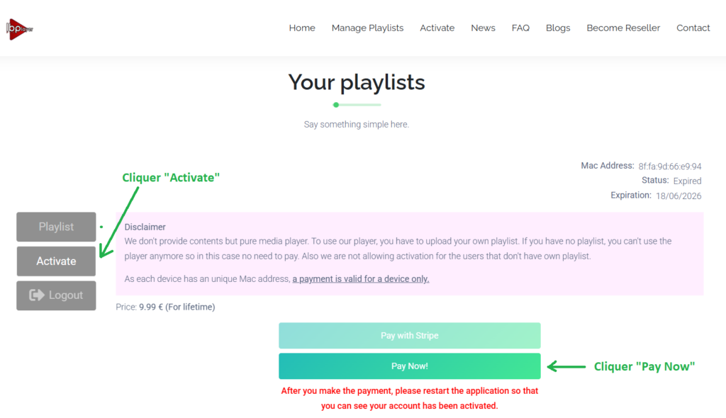 Page d'activation de la licence IBO Player Pro sur le portail officiel, affichant l'adresse MAC de l'appareil et les boutons de paiement pour débloquer définitivement l'application.