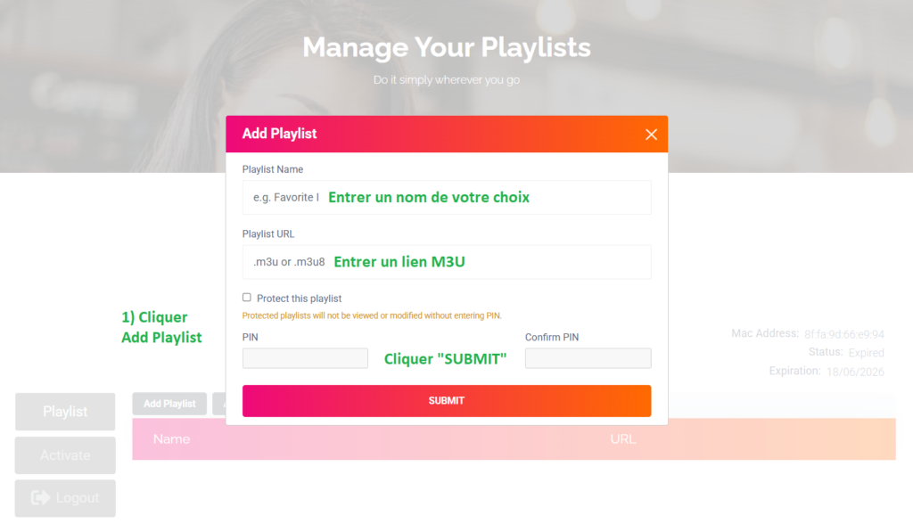 Fenêtre « Add Playlist » d'IBO Player Pro montrant comment ajouter une playlist IPTV en saisissant un nom et un lien M3U sur le portail officiel.