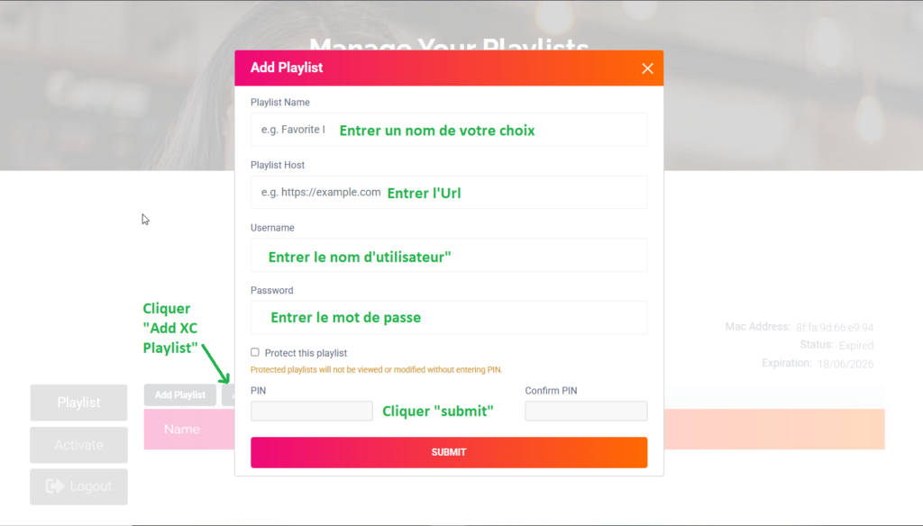 Fenêtre « Add XC Playlist » d'IBO Player Pro permettant d'ajouter une playlist IPTV avec Xtream Codes en renseignant l'URL du serveur, le nom d'utilisateur et le mot de passe.