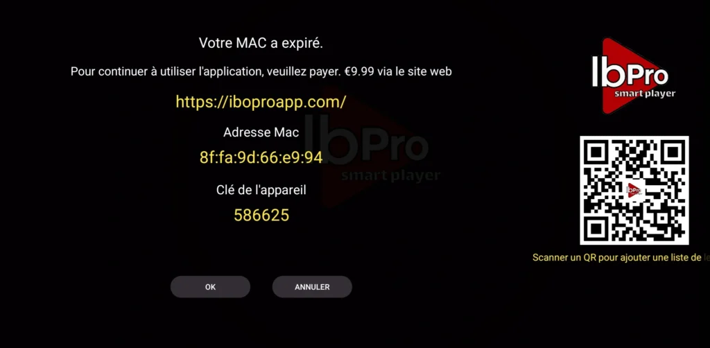 Écran d'accueil d'IBO Player Pro affichant l'adresse MAC, la clé de l'appareil et le QR Code nécessaires pour activer l'application et ajouter une playlist IPTV.