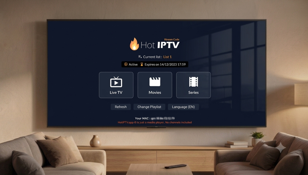 Écran d'accueil de Hot Player affiché sur une Smart TV