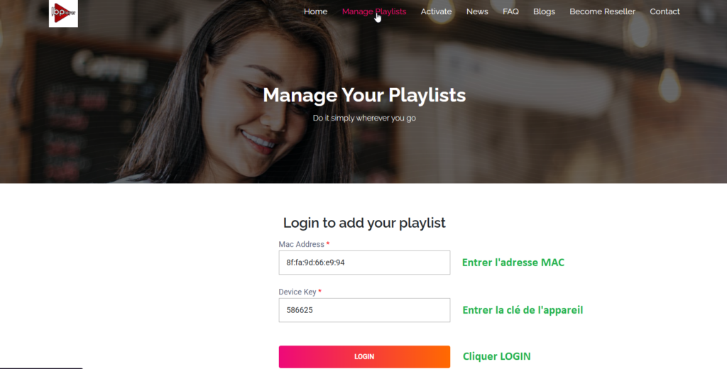 Page « Manage Playlists » du site officiel IBO Player Pro permettant de saisir l'adresse MAC et la clé de l'appareil afin d'accéder à la gestion des playlists IPTV M3U et Xtream Codes.