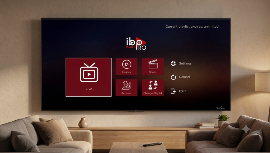 Interface d'accueil d'IBO Player Pro sur une Smart TV