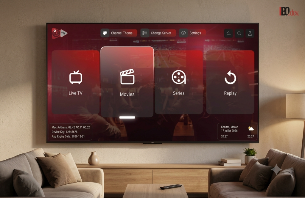 Écran d'accueil de l'application IBO Player affiché sur une Smart TV