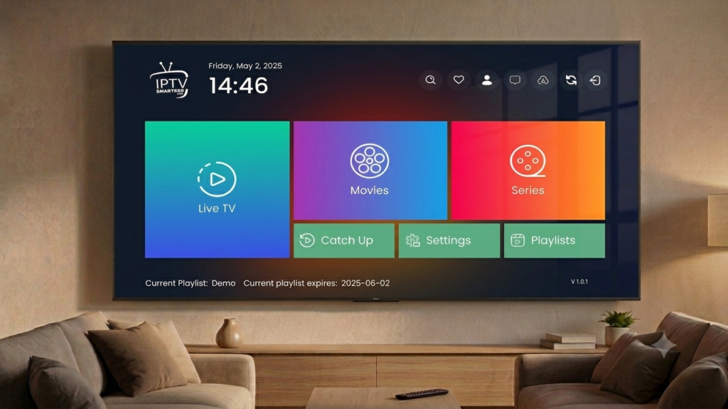 Écran d'accueil d'IPTV Smarters Pro affiché sur une Smart TV