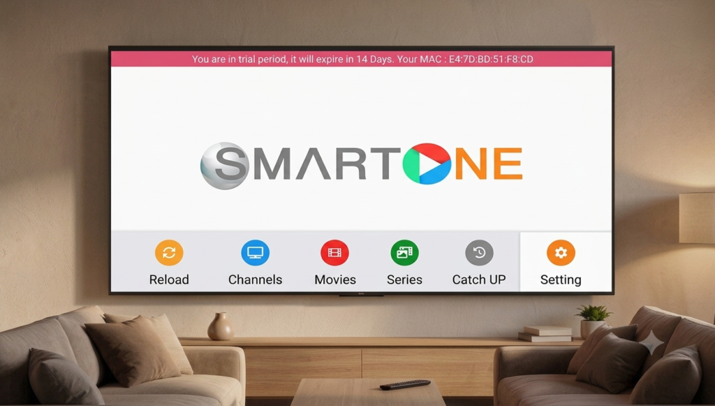 Interface SmartOne IPTV affichée sur une Smart TV Samsung ou LG