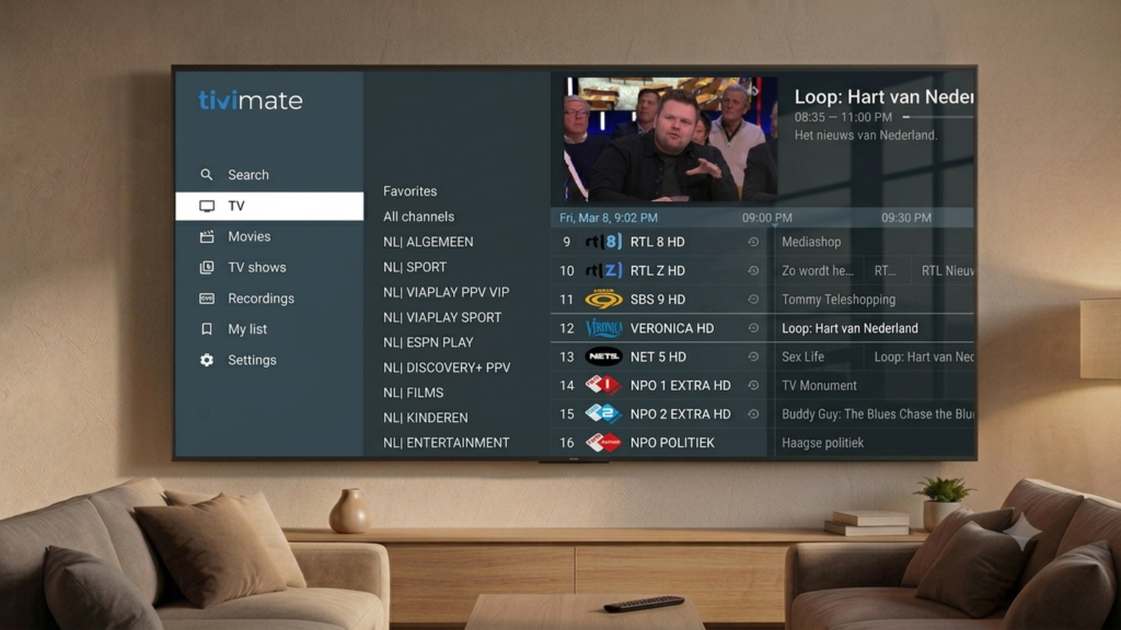 Interface TiviMate affichée sur un téléviseur Android TV