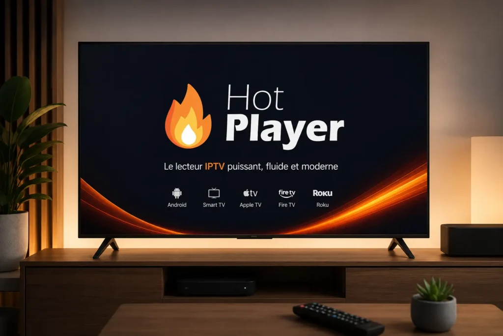 Télévision connectée affichant l'application Hot Player pour l'installation et la configuration IPTV sur Smart TV.