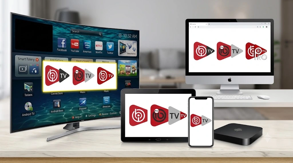 IBO Player installé sur plusieurs appareils (Smart TV, ordinateur, tablette, smartphone et TV Box) pour profiter d'un abonnement IPTV en France.