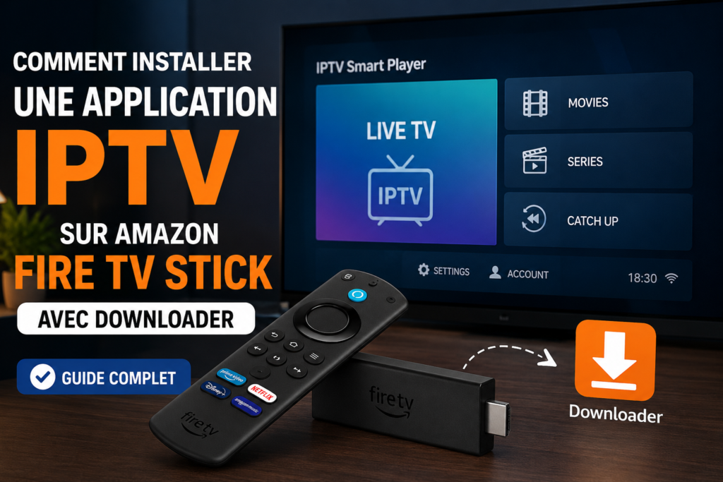 Illustration montrant l'installation d'une application IPTV sur Amazon Fire TV Stick à l'aide de l'application Downloader, avec une interface IPTV affichée sur un téléviseur.