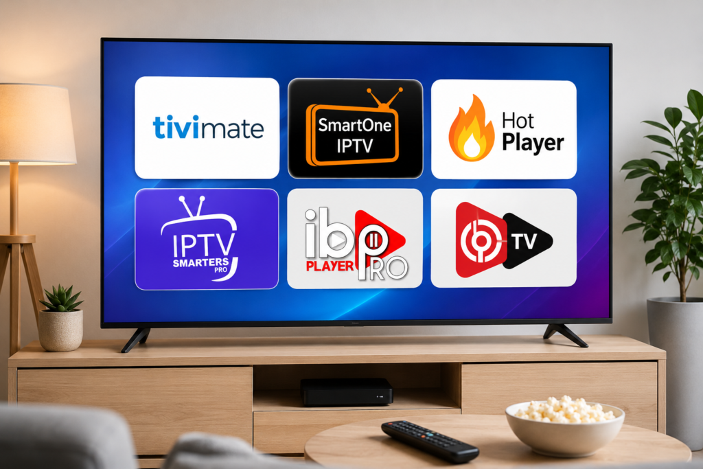 Smart TV affichant les logos des meilleurs lecteurs IPTV : IBO Player Pro, IBO Player, Hot Player, SmartOne IPTV, TiviMate et IPTV Smarters Pro