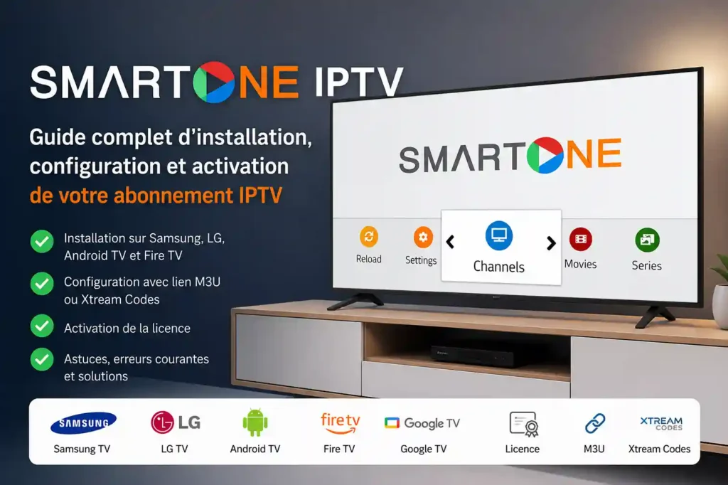Application SmartOne IPTV affichée sur une Smart TV, illustrant la configuration et l'utilisation d'un abonnement IPTV sur différents appareils compatibles.